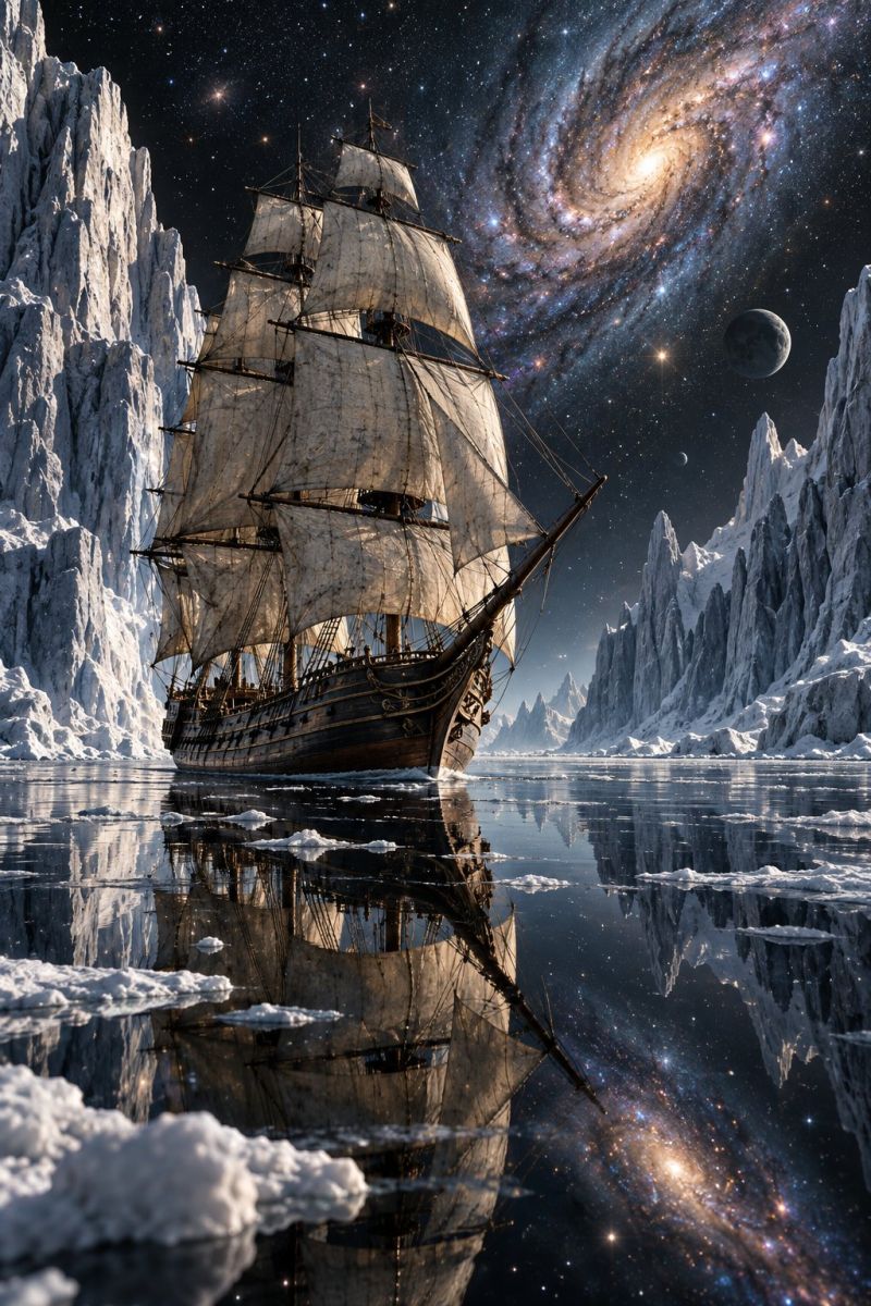 Ship sail ice water reflection iceberg mountain sky night space galaxy star planet moon cloud dark cold frozen ocean An old sailing ship with tall masts and billowing sails is sailing through icy waters. The ship's reflection is mirrored on the calm, dark water below. In the background, there is a vast icy landscape with jagged mountains and a bright, swirling galaxy. The sky is filled with stars and a large moon, adding to the mystical atmosphere.