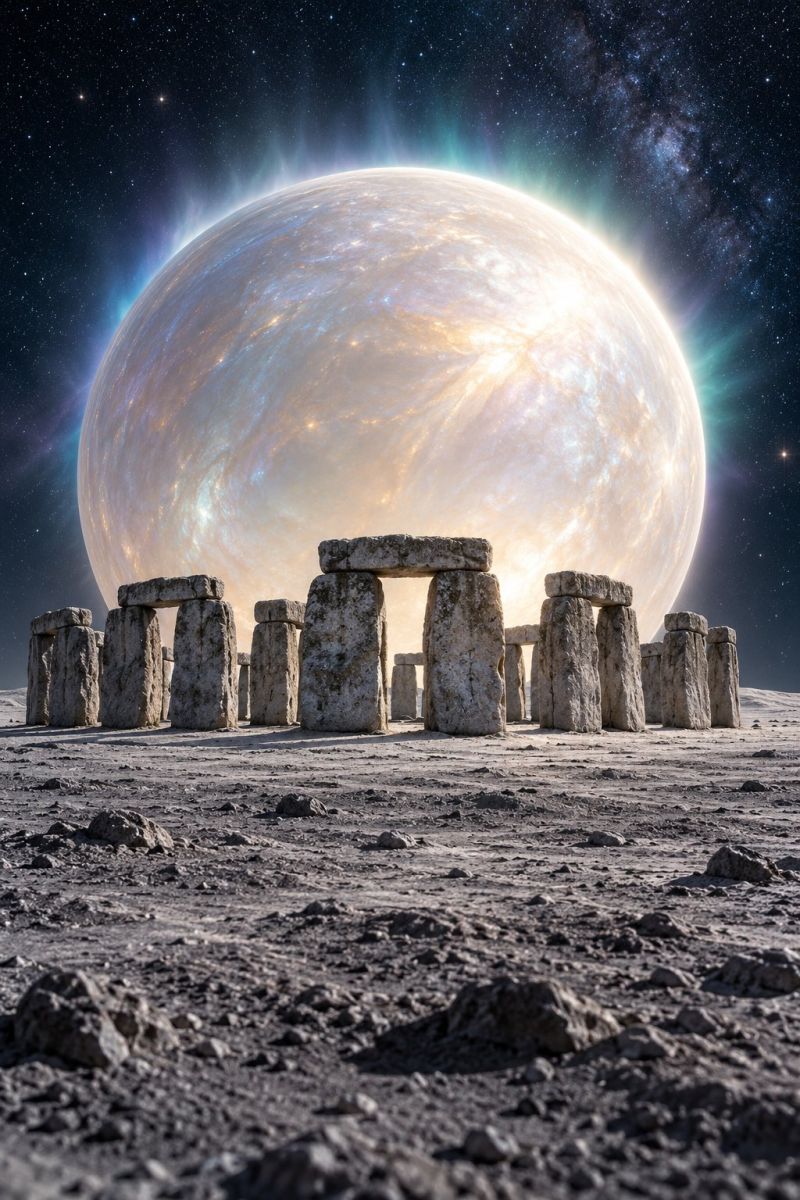 Stonehenge moon planet night space astronomy universe cosmos star galaxy celestial planetary cosmic astronomical stargazing astrophysics outer starry In the foreground, there is a circle of large, ancient stone pillars, reminiscent of Stonehenge, standing on a barren, rocky landscape. The stones are weathered and have a rough texture. Behind the stones, a massive planet dominates the sky, glowing with a soft, ethereal light. The planet's surface is visible, showing swirling patterns of clouds and atmospheric phenomena. The sky is dark, filled with countless stars, and there are hints of a distant galaxy, adding to the cosmic backdrop. The scene is bathed in a soft, otherworldly glow, creating a surreal and mystical atmosphere.