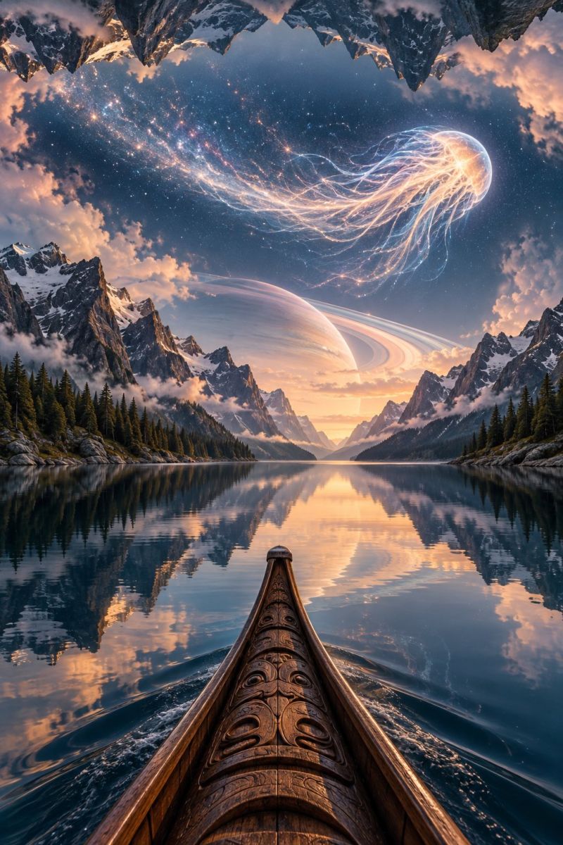 Bateau canoe canoeiste un lac serein avec un bateau au premier plan. Le bateau est en bois et finement sculpté de motifs, représentant peut-être l'art culturel ou traditionnel. Le lac est calme, reflétant le ciel et les montagnes environnantes. Dans le ciel, il y a une scène surréaliste présentant une méduse lumineuse flottant au-dessus des nuages. Les montagnes sont majestueuses, avec des pics enneigés et un fond de soleil couchant, projetant des teintes chaudes sur le paysage. Le ciel est rempli d'étoiles et d'une planète lointaine, ajoutant à l'atmosphère mystique.