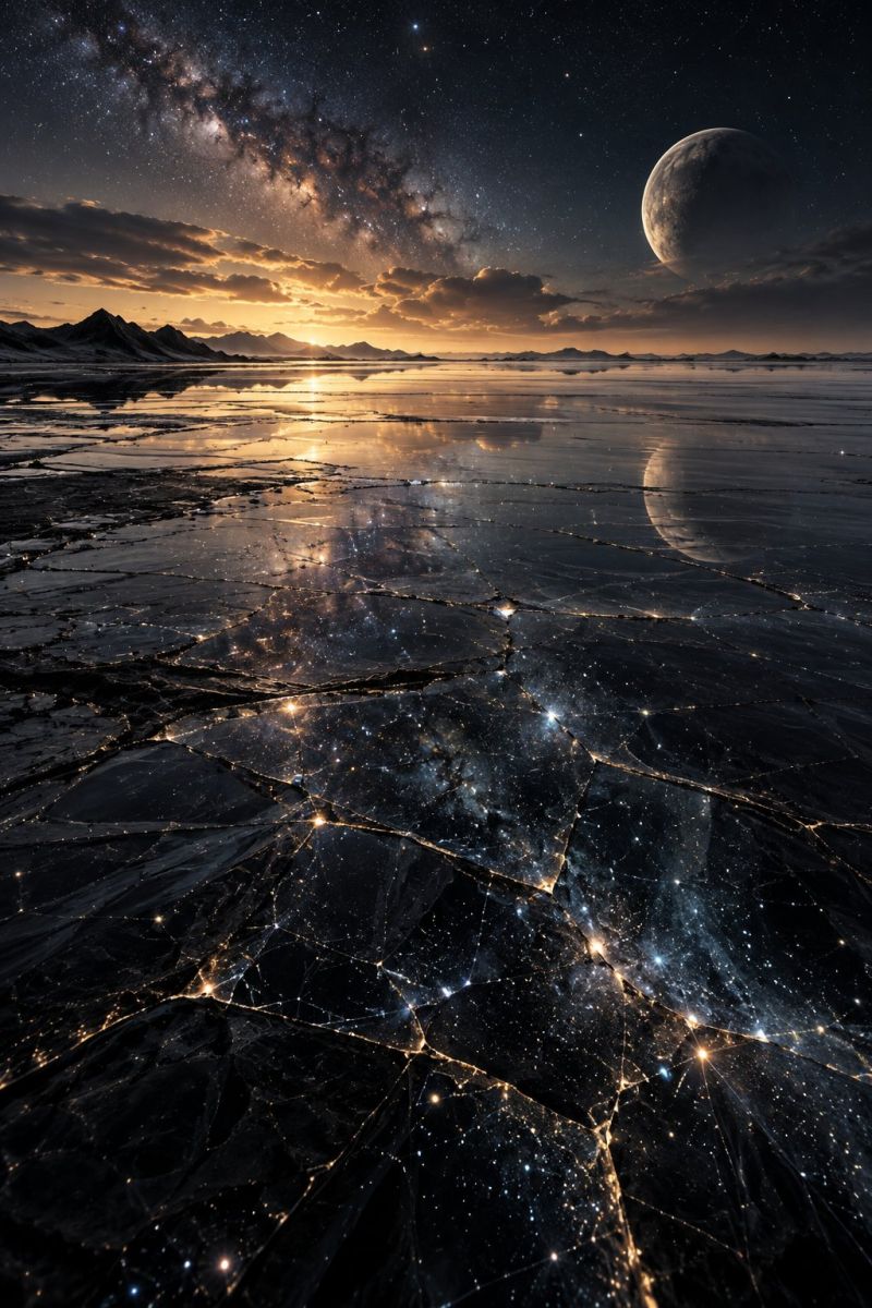 Stars planet moon reflection water ice horizon clouds mountains sunset dark space universe astronomy cosmic celestial night sky outer serene night scene with a vast, dark sky filled with stars and a prominent Milky Way galaxy. A large, full moon is visible, reflecting its light on the surface below. The foreground shows a cracked, icy surface, possibly a frozen lake or sea, with reflections of the sky and moon. The horizon is lined with distant mountains, and the sky transitions from a deep blue to a lighter hue near the horizon, indicating the setting sun. The overall atmosphere is calm and majestic, with a sense of vastness and tranquility.