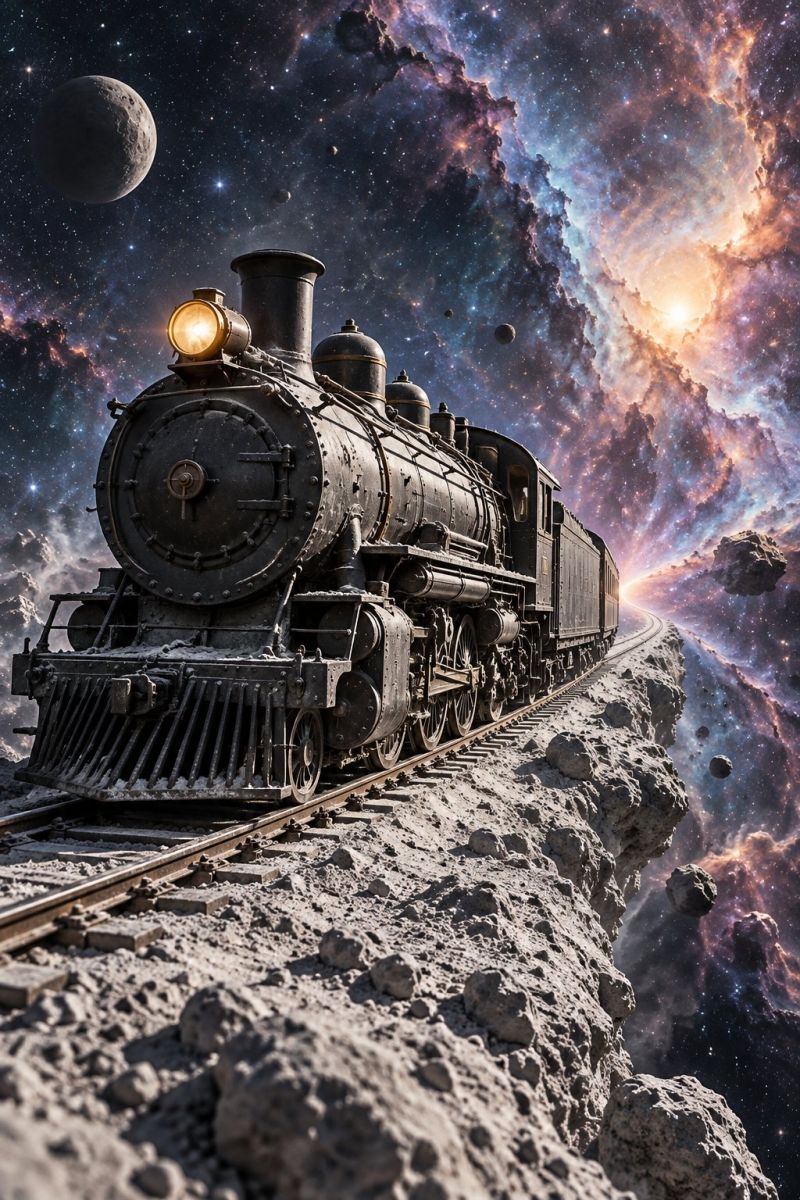 Train steam locomotive railway space galaxy planet universe asteroid cosmos star nebula orbit astral celestial astronomy exploration interstellar cosm An old-fashioned steam locomotive is traveling on a railway track that seems to be floating in space. The train is black and has a glowing headlight at the front. The track is surrounded by rocky terrain with scattered rocks. In the background, there is a vast and colorful nebula with stars and planets. The sky is filled with a mix of blue, purple, and orange hues, creating a surreal and otherworldly atmosphere.