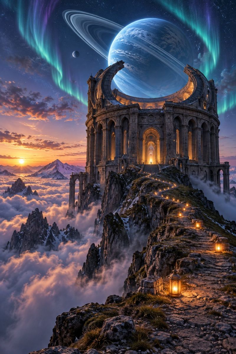 Architecture astronomy atmosphere building cloud clouds cosmos crepuscular dawn earth fantasy fictional galaxy imagination mountain night An ancient, grand stone structure with arched windows and a central archway stands atop a rocky cliff, surrounded by clouds. The building is illuminated by warm, golden lights, and a path with lanterns leads up to it. In the background, a large planet with rings and a small moon is visible, accompanied by vibrant auroras in the sky. The sun sets in the distance, casting a warm glow over the scene.