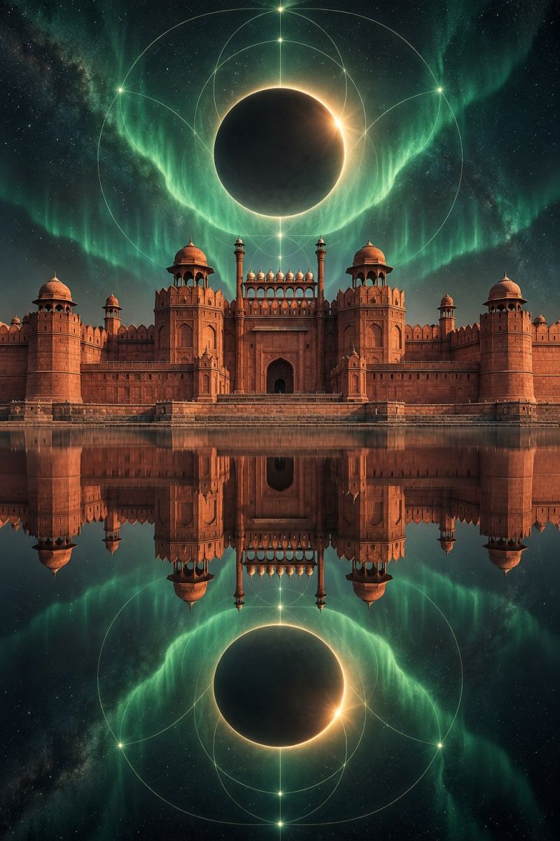 Architecture astronomy wallpaper iphone tumblr desktop mobile laptop android grand, red sandstone fort with multiple domes and arches, reflecting in a calm body of water below. The fort is set against a back of a dark, starry night sky with a striking green aurora borealis. Two large, circular objects, possibly moons or planets, are depicted in the sky, one fully eclipsed and the other partially eclipsed, surrounded by intricate, glowing circular patterns. The reflection of the fort and the sky in the water adds to the surreal and mystical atmosphere of the scene.