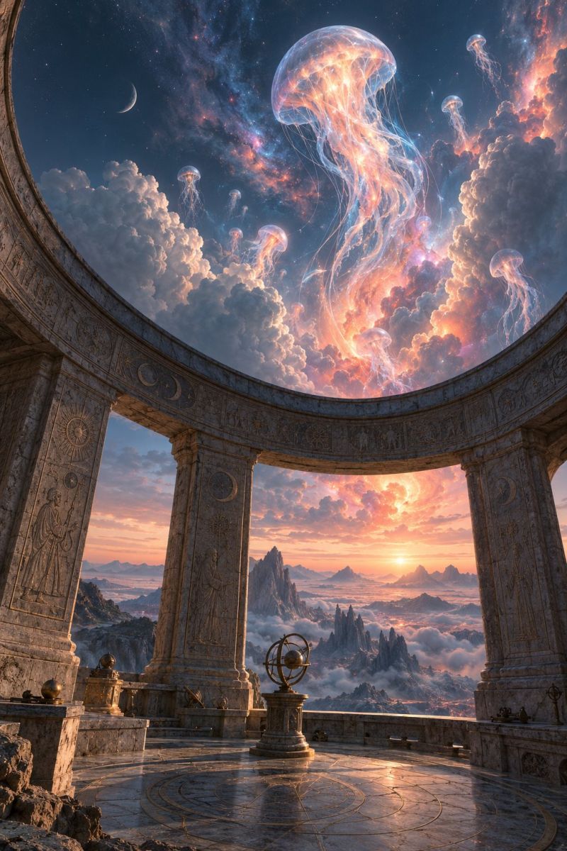 Architecture astronomy balcony ceiling clouds cosmos decoration design dome fantasy fictional galaxy heaven imagination interior jewelry place univers grand, open-air hall with a circular domed ceiling. The ceiling is painted with a vivid, surreal scene of the night sky filled with clouds, a crescent moon, and glowing jellyfish floating gracefully. The walls of the hall are adorned with intricate carvings and symbols, and there are large stone pillars supporting the structure. In the center of the hall, there is a large, ornate globe on a pedestal, surrounded by various metallic objects and a small statue. The hall overlooks a breathtaking landscape with mountains and a sunset in the distance, creating a sense of awe and wonder.
