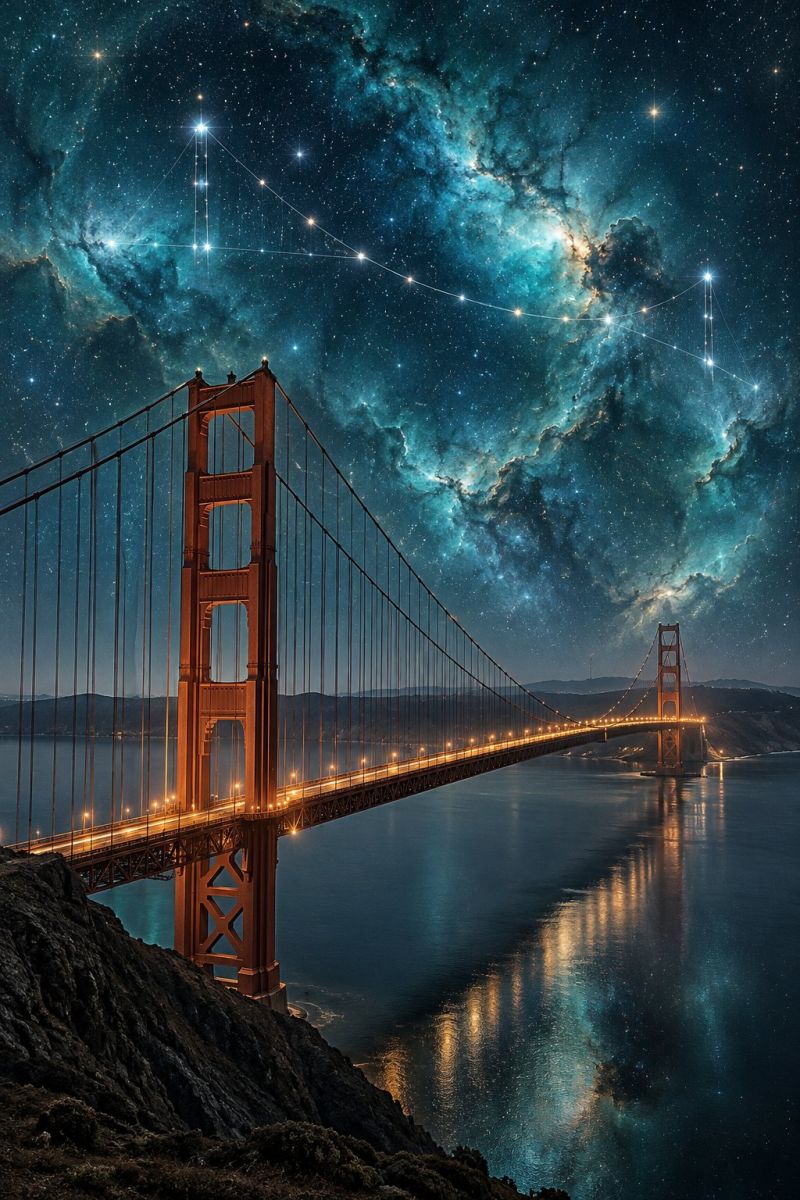 Bridge night sky stars galaxy universe astronomy space architecture engineering reflection water california golden gate san francisco park The Golden Gate Bridge in San Francisco is depicted at night with a stunning night sky backdrop. The bridge's iconic orange color and its intricate suspension cables are clearly visible. The sky is a deep blue, filled with stars and a nebula, giving the impression of a cosmic scene. The bridge's lights are reflected on the water below, creating a serene and almost magical atmosphere. The bridge spans across the water, connecting two land masses, with the distant hills and cityscape faintly visible in the background.