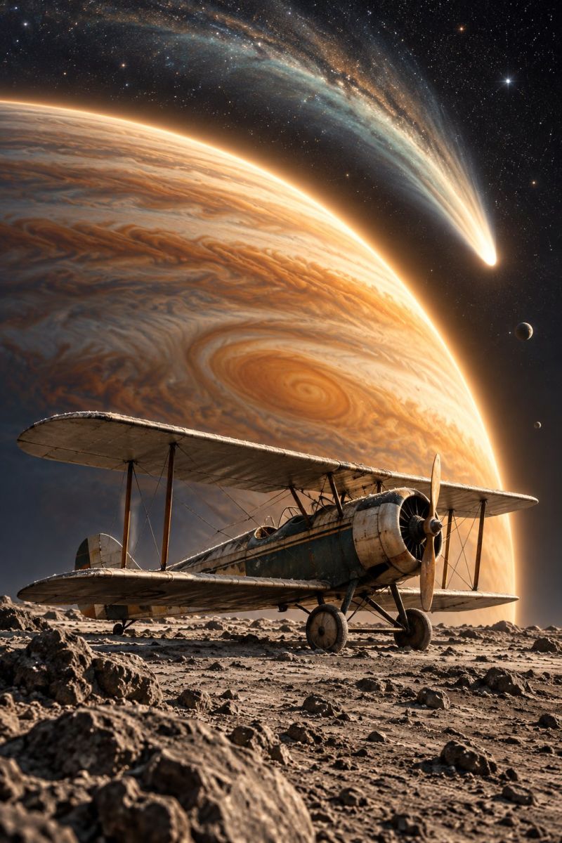 Aircraft airplane alien astronomy biplane comet cosmos extraterrestrial fictional galaxy imagination interstellar jet meteor meteoroid nebula planet An old biplane with a propeller is parked on a rocky surface, possibly on a planet. The plane has a rusty appearance and is facing the right side. The sky is dark, and there is a large planet with a swirling pattern in the background. The planet has a bright spot on the right side, and there are two small moons in the distance. The sky is filled with stars, and there is a comet with a long tail in the upper right corner.