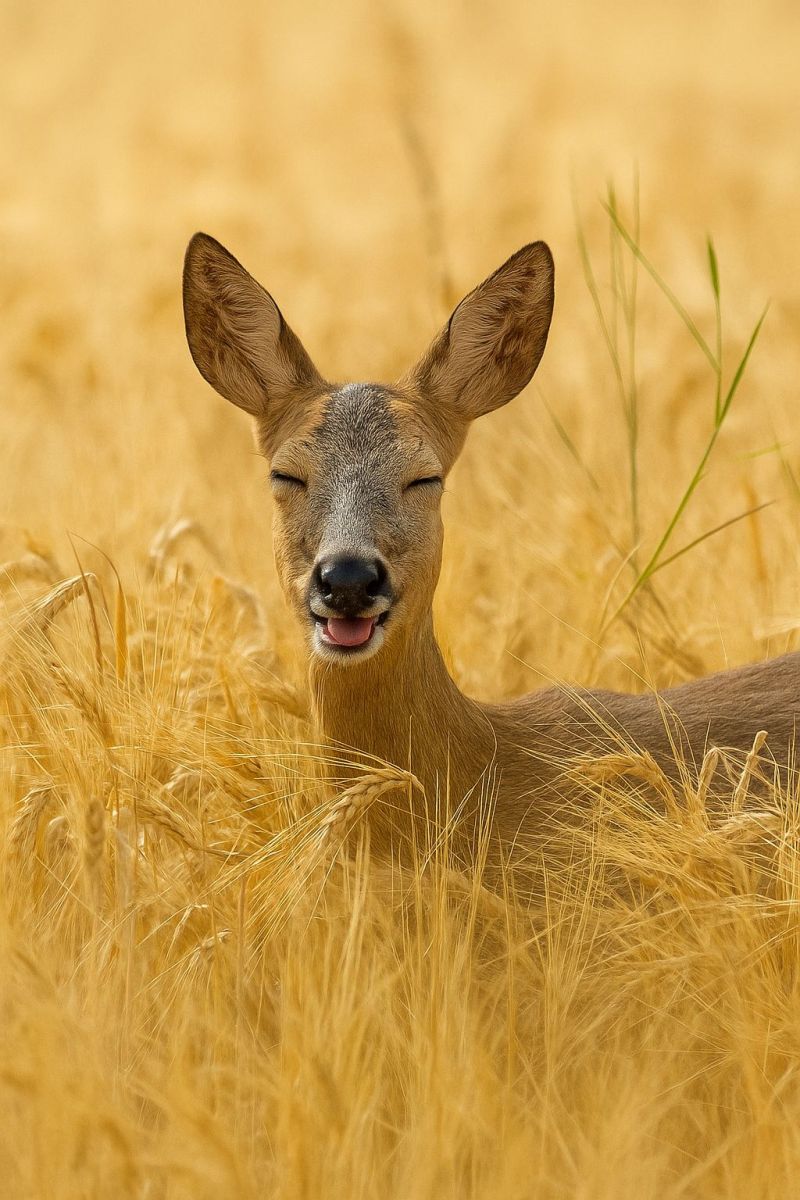Deer animal wildlife nature meadow grass field sunlight relaxing sleeping smiling cute brown ears nose mouth fur outdoors In a field of tall, golden wheat, a deer is lying down with its eyes closed, appearing to be resting peacefully. The deer has a light brown coat, a small, pointed snout, and large, pointed ears. Its mouth is slightly open, showing a hint of a smile. The wheat around the deer is tall and golden, with some patches of green grass visible. The background is a soft, warm yellow, suggesting a sunny day.