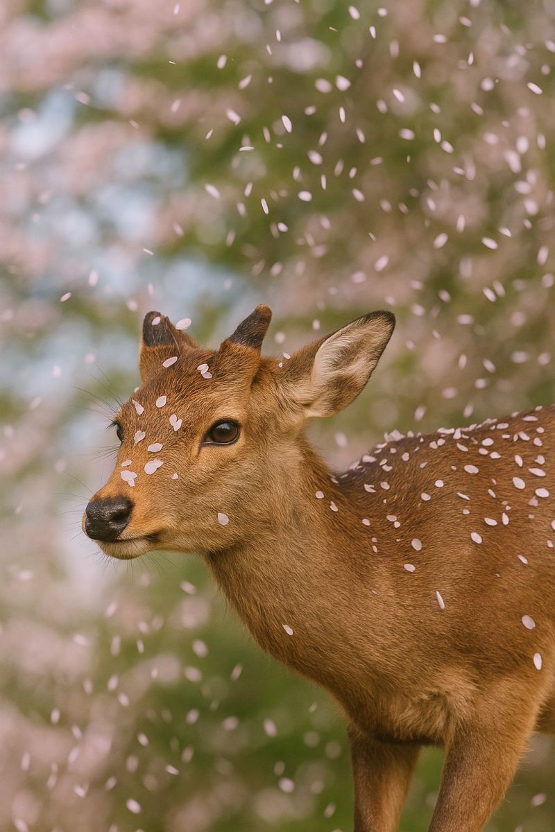 Deer animal wildlife nature outdoors spring flora floral pink petals falling blurry forest trees green shadow cherry blossoms A deer stands in a field with its head turned to the left, its fur speckled with white spots. The deer's fur is brown, and it has large, expressive eyes. The background is a soft blur of pink and green, suggesting cherry blossoms in full bloom. The scene is bathed in a gentle light, creating a serene and peaceful atmosphere.