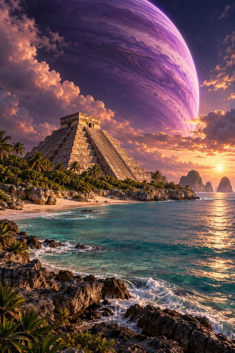 Ancient architecture beach building cloud coast colorful dramatic fantasy fictional forest horizon imagination jungle majestic mountain ocean rock pal large, ancient pyramid-like structure situated on a rocky cliff overlooking a serene beach. The pyramid is made of stone and has a stepped design, reminiscent of ancient Mesoamerican architecture. The sky above is a dramatic mix of deep purples and oranges, with a large, swirling planet visible in the background, adding a sense of scale and wonder. The sun is setting on the horizon, casting a warm, golden light across the scene. The beach is sandy with scattered rocks and lush green vegetation, including palm trees. The ocean is calm, with gentle waves lapping at the shore. The overall atmosphere is mystical and awe-inspiring.
