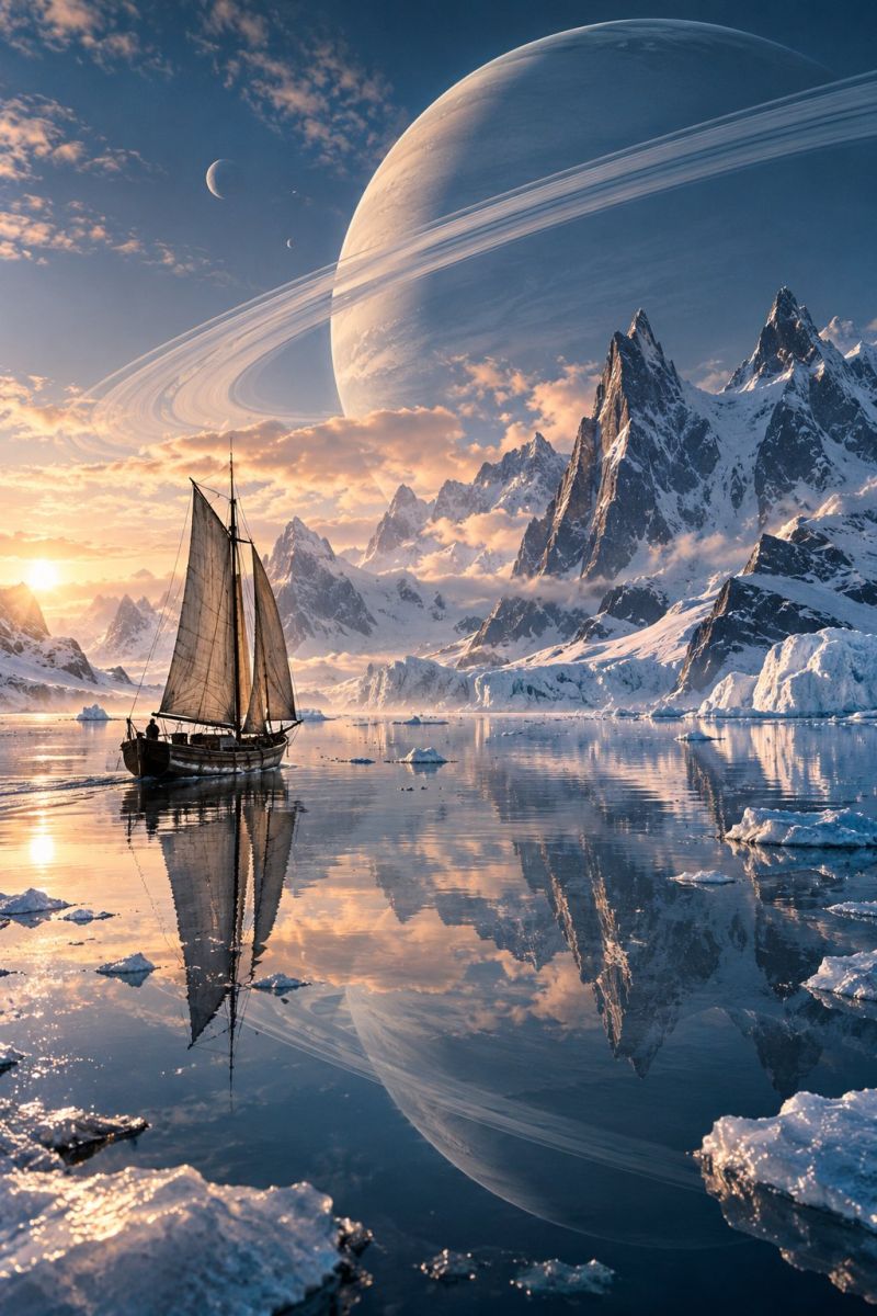 Boat water sky mountain ice reflection sunset sea cloud ocean rock sun horizon ship sailing snow hill In the foreground, a sailboat glides across a serene, icy body of water. The boat is small, with a single mast and a triangular sail. The water is calm, reflecting the sky and the surrounding landscape. Behind the boat, there are several icebergs floating in the water. The sky is a deep blue, with a large, glowing planet dominating the upper right corner. The planet has a ring system around it, and there are smaller moons visible in the sky. In the background, there are snow-covered mountains, with the sun setting behind them, casting a warm, golden light across the scene.