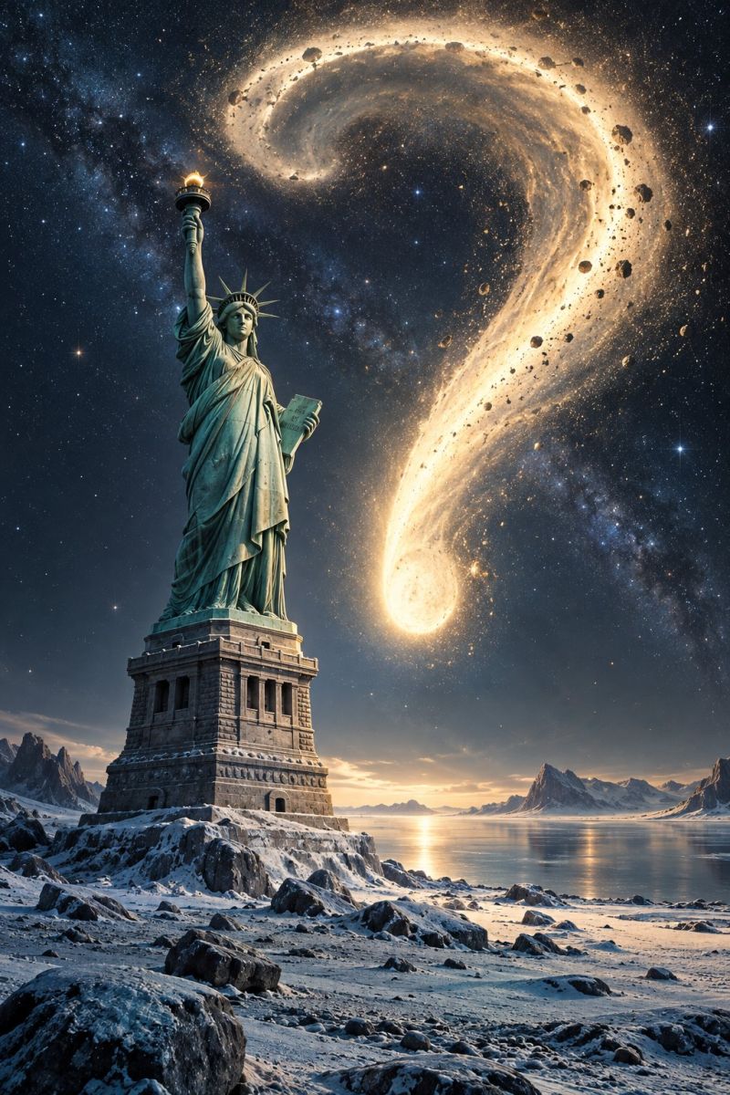 Statue lighthouse freedom sky night dark universe galaxy cosmos asteroid asteroids belt space The Statue of Liberty stands tall on a snowy pedestal, holding a torch and a tablet. The sky above is a deep blue, filled with stars and a swirling galaxy. The galaxy is bright and spiral-shaped, with a glowing center and scattered stars. The sun is setting on the horizon, casting a warm glow over the snowy landscape. The ground is rocky and snowy, with a body of water reflecting the setting sun.