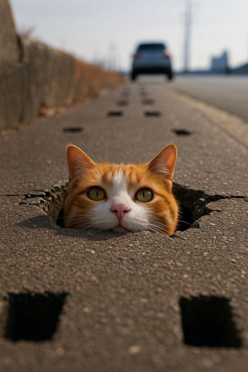 Chat route trou pave animal compagnie rue urbain mammifere felin ginger beton vehicule voiture trafic jour vert yeux rose nez Un chat orange et blanc fait la tête à partir d'un trou dans la route, avec sa tête et ses oreilles visibles. Le chat a des yeux verts et un nez rose. La route a une barrière en béton sur la gauche et une voiture qui roule sur la droite. Le ciel est clair et bleu.