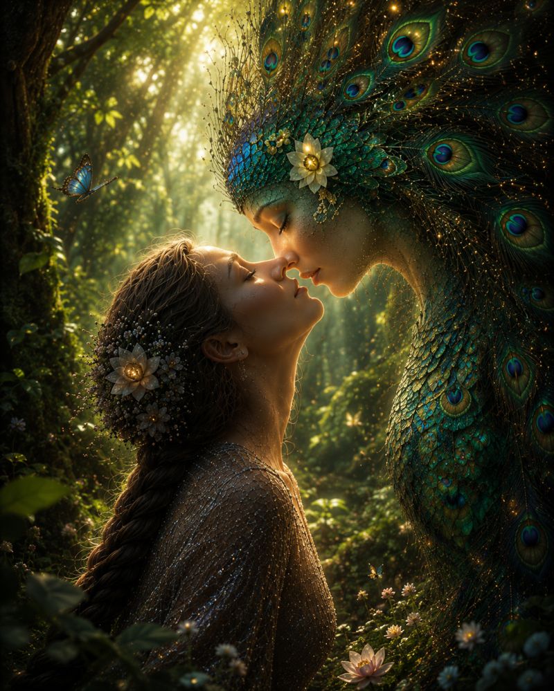 Forest woman kiss fantasy peacock butterfly flower crown jewelry dress hair nature love romance painting In a lush, vibrant forest, a woman with long, flowing hair adorned with delicate flowers and a shimmering dress stands facing a majestic, peacock-like figure. The figure has a crown of peacock feathers, glowing with an ethereal light, and its face is partially obscured by the feathers. The woman and the figure are locked in a tender kiss, their eyes closed, conveying a deep, intimate moment. The background is filled with lush greenery, sunlight filtering through the trees, and a butterfly flutters nearby. The scene is rich with color and detail, capturing a magical, almost otherworldly atmosphere.