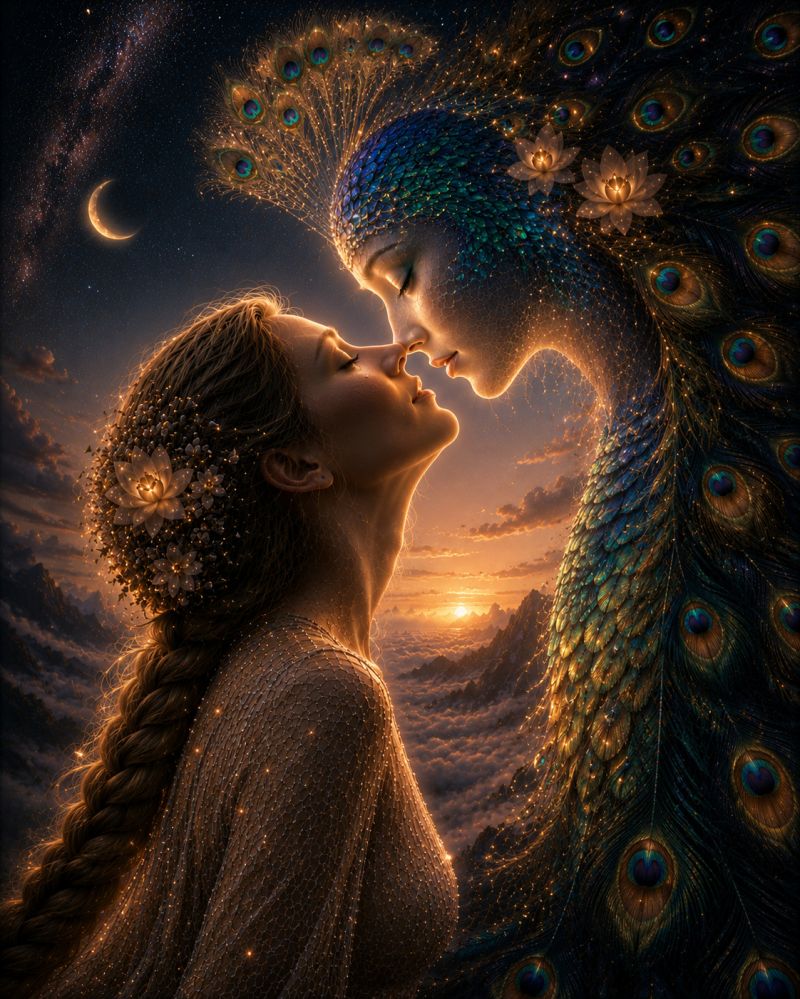 Fantasy woman peacock feathers night sky stars moon clouds mountains sunset flowers hair dress jewelry glow dreamlike surreal a woman with long, flowing hair adorned with small, glowing flowers stands facing another figure. The woman's hair is intricately braided and decorated with sparkling lights. She is dressed in a shimmering, golden gown that catches the light, giving her an ethereal appearance. The other figure is a majestic peacock, its feathers spread wide and shimmering with a spectrum of colors, including blues, greens, and purples. The peacock's head is adorned with a crown-like structure of peacock feathers, and its eyes are large and expressive. The two figures are locked in a tender kiss, their faces close together, with the woman's eyes closed and the peacock's eyes open, gazing at her. The background is a breathtaking night sky filled with stars, a crescent moon, and a setting sun that casts a warm, golden light over the scene. The sky is also dotted with clouds, adding to the dreamlike quality of the image.
