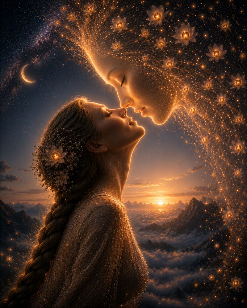 Kiss couple fantasy love romance night sky stars moon flowers clouds mountains sunset dream painting a woman with long, flowing hair adorned with flowers and a glowing lotus flower in her hair is kissing a man who is also glowing. They are surrounded by a halo of glowing lotus flowers and stars, with a crescent moon and a setting sun in the background. The sky is a deep blue, and the mountains are silhouetted against the horizon. The scene is set in a mystical and ethereal atmosphere, with a sense of romance and wonder.