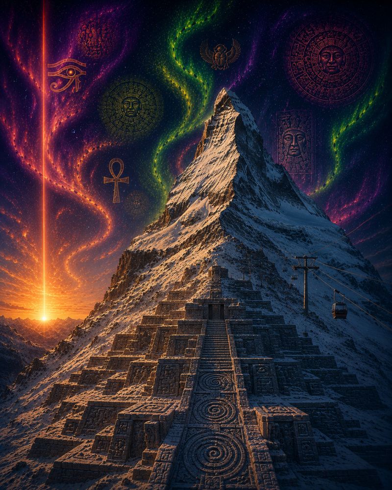 Montagne ciel pyramide soleil coucher ligne horizon gratte puits parachutisme ciels Grande structure ancienne en forme de pyramide faite de pierre, située sur un sommet de montagne enneigée. La pyramide a une série de terrasses en gradins menant à son sommet, qui est couvert de neige. La structure est ornée de gravures et de symboles complexes, y compris des spirales, des visages et des hiéroglyphes. Le ciel au-dessus est un mélange vibrant de teintes violettes, vertes et roses, avec un soleil couchant projetant une lueur chaude sur la pyramide et les montagnes environnantes. Divers symboles mystiques, tels que des ankhs, des yeux et des motifs circulaires, flottent autour de la pyramide, ajoutant à son atmosphère mystique et surnaturelle. Un télésiège est visible sur le côté droit de la pyramide, contrastant avec l'architecture ancienne.