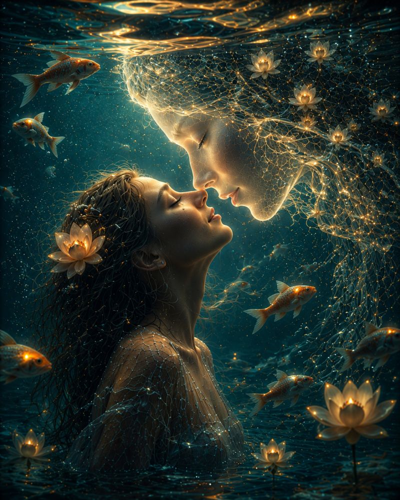 Underwater fantasy water fish love kiss couple romance dreamy ethereal nature flowers golden sparkle glow bubbles In the underwater scene, a woman with long, flowing hair is kissing a man who has a net-like structure around his face. The woman has a flower on her head and is wearing a net-like dress. The water is filled with fish, and there are glowing flowers floating around them. The water is a deep blue color, and the light from the flowers illuminates the scene.