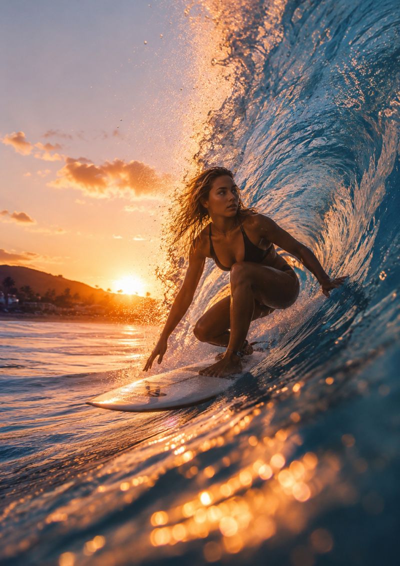 Surfer surfing ocean wave water sea sun sunset beach sky clouds mountain adventure sport fitness lifestyle freedom nature beauty A woman is surfing on a white surfboard in the ocean during sunset. She is in a crouched position, with her hands extended outwards for balance. Her hair is blowing in the wind, and she is wearing a black bikini. The ocean water is splashing around her, and the sun is setting in the background, casting a warm glow on the scene. The sky is a mix of orange and pink, and there are some clouds in the distance.