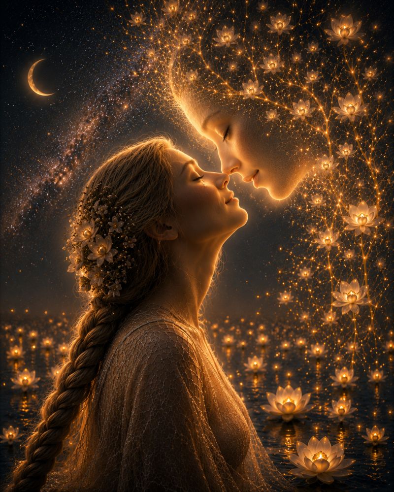 Femme nuit ciel fleurs amour romance fantaisie beaute reve magie etoiles lune eau reveur eclat ethere celeste Une femme aux longs cheveux fluides ornés de fleurs délicates se tient dans un cadre serein, nocturne. Elle regarde vers le haut, les yeux fermés, comme dans un moment de profonde contemplation ou de connexion. Ses cheveux dévalent le long de son dos, et elle porte un vêtement fluide de couleur claire. Au-dessus d'elle, un visage, peut-être une divinité ou un être céleste, est représenté avec une expression sereine, lui aussi regardant vers le haut. Le fond est un ciel sombre étoilé avec un croissant de lune et une galaxie, créant une atmosphère mystique et éthérée. La scène est éclairée par des lumières douces et lumineuses, possiblement provenant des étoiles ou de sources magiques, et il y a des fleurs lumineuses flottantes qui ajoutent à la qualité enchanteresse de l'image.