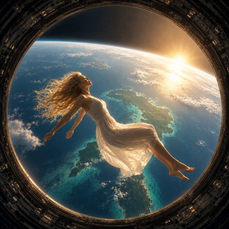 Space earth sun sunlight sunrise sunbeam A woman with long, flowing blonde hair is floating gracefully in the vastness of space. She is dressed in a flowing white dress that billows around her as she floats. Her arms are extended outward, and her head is tilted upward, gazing at the sun that is setting on the horizon of Earth. The Earth is visible through a circular window, showing a beautiful view of the planet with its blue oceans, green landmasses, and white clouds. The sun's rays are shining through the clouds, creating a warm and serene atmosphere. The woman's expression is one of wonder and awe, as if she is experiencing the beauty of the universe for the first time.