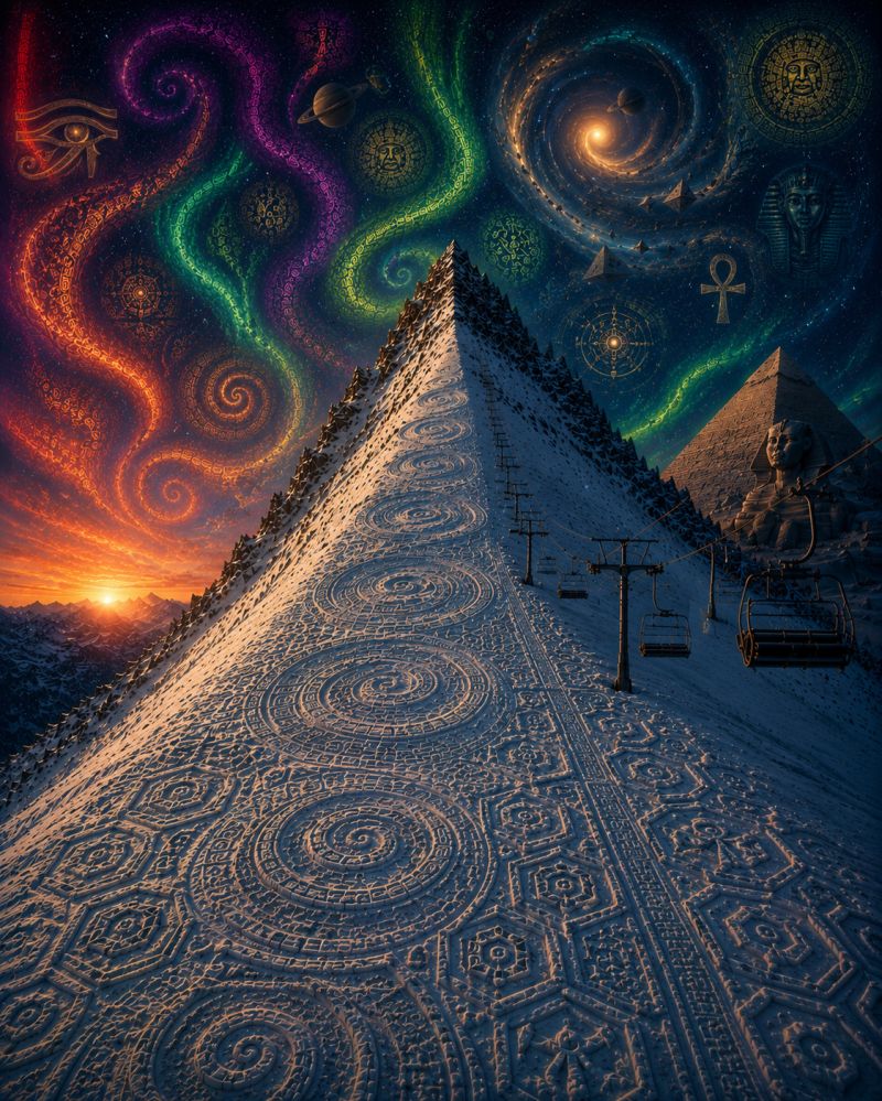Mountain sky snow skyline skyscraper Une montagne enneigée avec une série de motifs en spirale gravés dans la neige. La montagne est placée contre un ciel vibrant et multicolore rempli de motifs tourbillonnants et d'éléments célestes. Dans le ciel, il y a des représentations de planètes, d'étoiles et d'un soleil, tous entourés d'un mélange de teintes violettes, vertes et orange. Il y a aussi des symboles égyptiens anciens, y compris un oeil d'Horus et un sphinx, intégrés dans le ciel. Sur le côté droit de la montagne, il y a une pyramide avec une statue de sphinx perchée sur le dessus. La scène est éclairée par le soleil couchant, projetant une lueur chaude sur le paysage. Des remontées mécaniques sont visibles, suggérant que la montagne est une station de ski