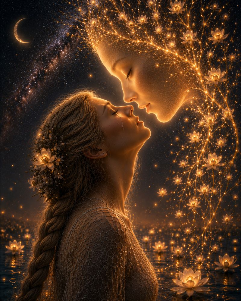 Woman night sky water flower moon star dream beauty fantasy love romance magic glow glowing a woman with long, flowing hair adorned with glowing flowers is gazing up at a larger, ethereal figure of a woman. The larger figure has a serene expression and is surrounded by a halo of light, with glowing flowers and stars in the background. The scene is set against a dark, starry night sky with a crescent moon, and the water below is calm with floating lotus flowers. The overall atmosphere is mystical and romantic, with a sense of wonder and enchantment.