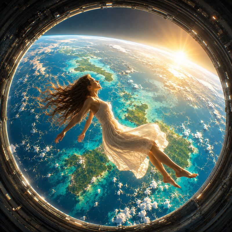 Space earth sun sunlight clouds ocean island green blue dress hair legs arms perspective imagination freedom A woman in a flowing white dress floats gracefully in the vastness of space, her hair billowing around her as if caught in a gentle breeze. She is seen through a circular window, which frames her against the back of Earth. The planet is a stunning blue, with vibrant green landmasses and white clouds scattered across its surface. The sun shines brightly in the distance, casting a warm glow on the Earth and the woman. The scene is serene and otherworldly, capturing a moment of pure freedom and wonder.