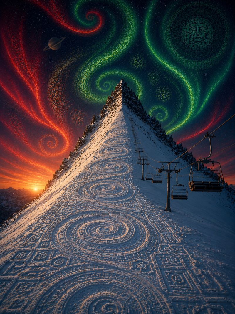 Mountain sky snow skyline skyscraper skylight snowy mountain with a series of spiral patterns etched into the snow. These spirals are large and intricate, resembling ancient symbols or designs. The mountain is steep and covered in snow, with a ski lift visible on the right side, indicating a ski resort. The sky above is a dramatic mix of red and green hues, possibly representing the aurora borealis. In the background, there is a silhouette of a planet, adding a cosmic element to the scene. The overall atmosphere is mystical and otherworldly, with the sun setting in the distance, casting a warm glow over the landscape.