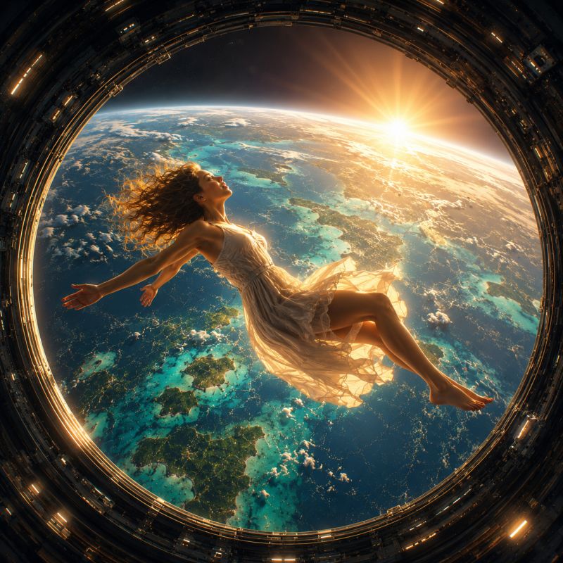 Space earth sun sunlight sunrise sunbeam rays shining through clouds water mountains trees buildings A woman is floating in the air, her arms and legs spread out, as if she is flying. She is wearing a white dress that flows around her. She is looking up towards the sun, which is shining brightly in the sky. The view is from a circular window, showing the Earth below with its blue oceans, green landmasses, and white clouds. The sun is setting on the horizon, casting a warm glow over the Earth. The circular window has a metallic frame with a series of lights around it.