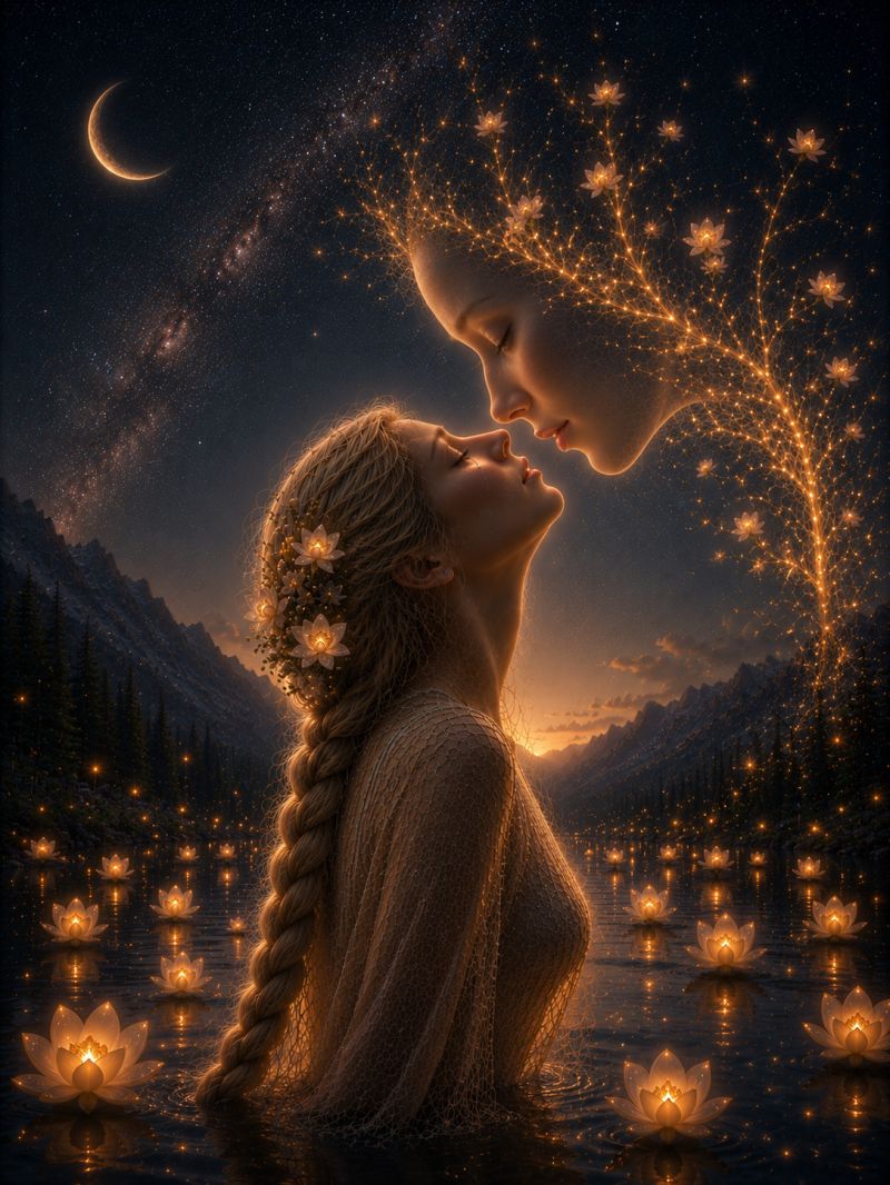 Night water flower woman mountain sky love kiss romance fantasy beauty dream magic star moon cloud reflection In a serene, nighttime scene, two women are embracing each other in a tender kiss. The woman on the left has long, flowing blonde hair adorned with small, glowing flowers, and she is partially submerged in a dark, reflective body of water filled with floating, illuminated lotus flowers. The woman on the right has her hair tied back, and her face is illuminated by the light from the flowers. Above them, a glowing tree with branches that resemble a network of stars and lights stretches into the sky, which is filled with stars and a crescent moon. In the background, there are silhouettes of mountains and trees, and the sky is a deep blue with hints of orange from the setting sun.