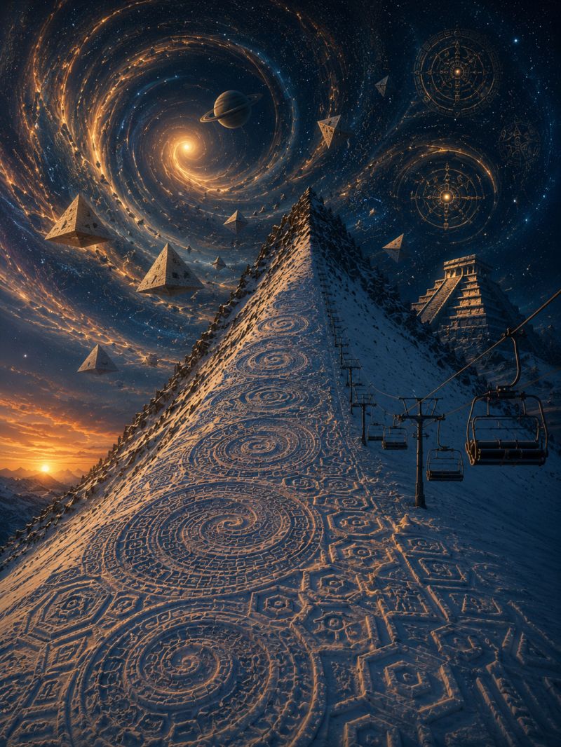 Montagne ciel neige gratte ciels Au premier plan, une vaste montagne enneigée avec des motifs géométriques complexes sculptés dans sa surface. Ces motifs incluent des spirales, des hexagones et d'autres formes. À droite, un télésiège avec plusieurs chaises attachées, montant la montagne. En arrière-plan, un ciel surréaliste rempli de galaxies tourbillonnantes, d'étoiles et de corps célestes. Des structures triangulaires ressemblant à des pyramides flottent dans le ciel, et une grande structure en forme de pyramide dorée est visible sur le côté droit de la montagne. Le soleil se couche à l'horizon, projetant une lueur chaude sur le paysage enneigé.
