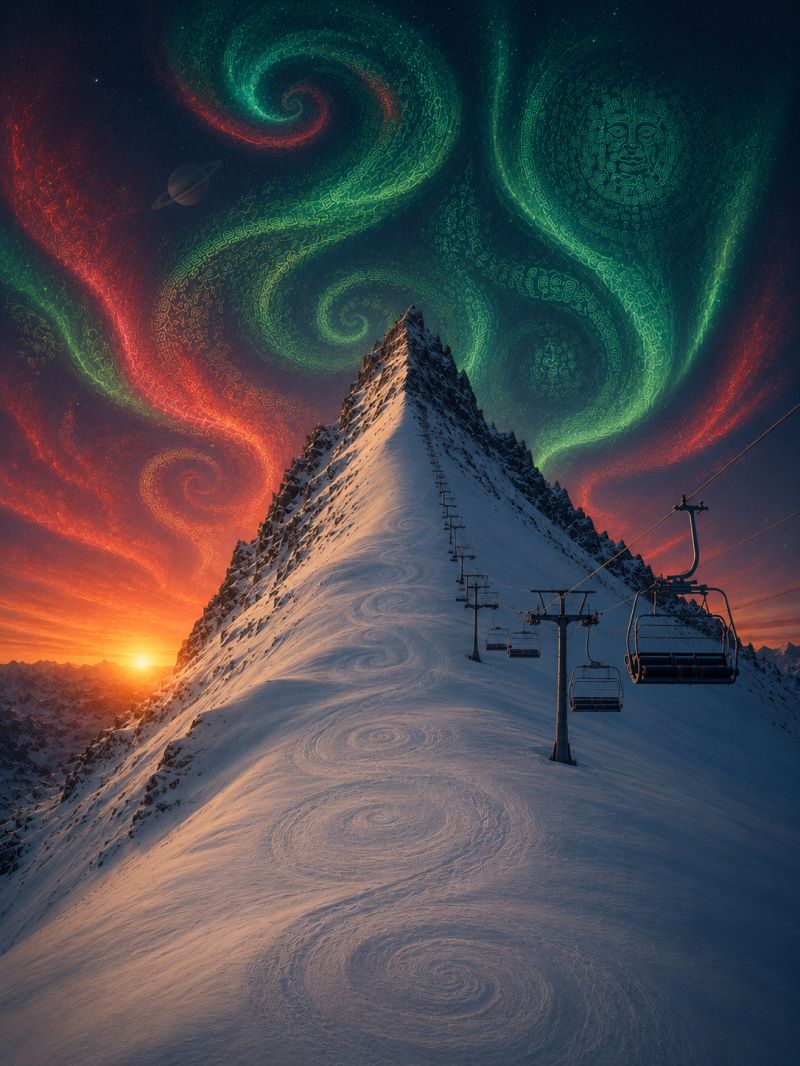 Mountain sky snow skyline skyscraper skylight snowy mountain with a ski lift on the right side. The mountain is covered in snow, and the sky above is filled with vibrant, swirling auroras in shades of green, red, and purple. The auroras create a mesmerizing, almost otherworldly effect. The sun is setting on the horizon, casting a warm, golden glow over the snow and the mountain. The ski lift is a series of connected chairs suspended from a cable, moving up the mountain. The overall scene is serene and magical, with the contrast between the natural beauty of the mountain and the fantastical sky.