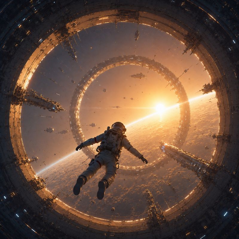Space astronaut helmet spacesuit sun spaceship orbit cosmos exploration galaxy star planet universe technology futuristic imagination station outer An astronaut is floating in the vastness of space, wearing a white spacesuit with a helmet. The astronaut is positioned in the center of a circular structure, which appears to be a space station or a gateway. The circular structure has a golden hue and is surrounded by other futuristic structures. The sun is setting in the background, casting a warm glow on the scene. The sky is filled with stars, and there are other spacecraft and structures visible in the distance.