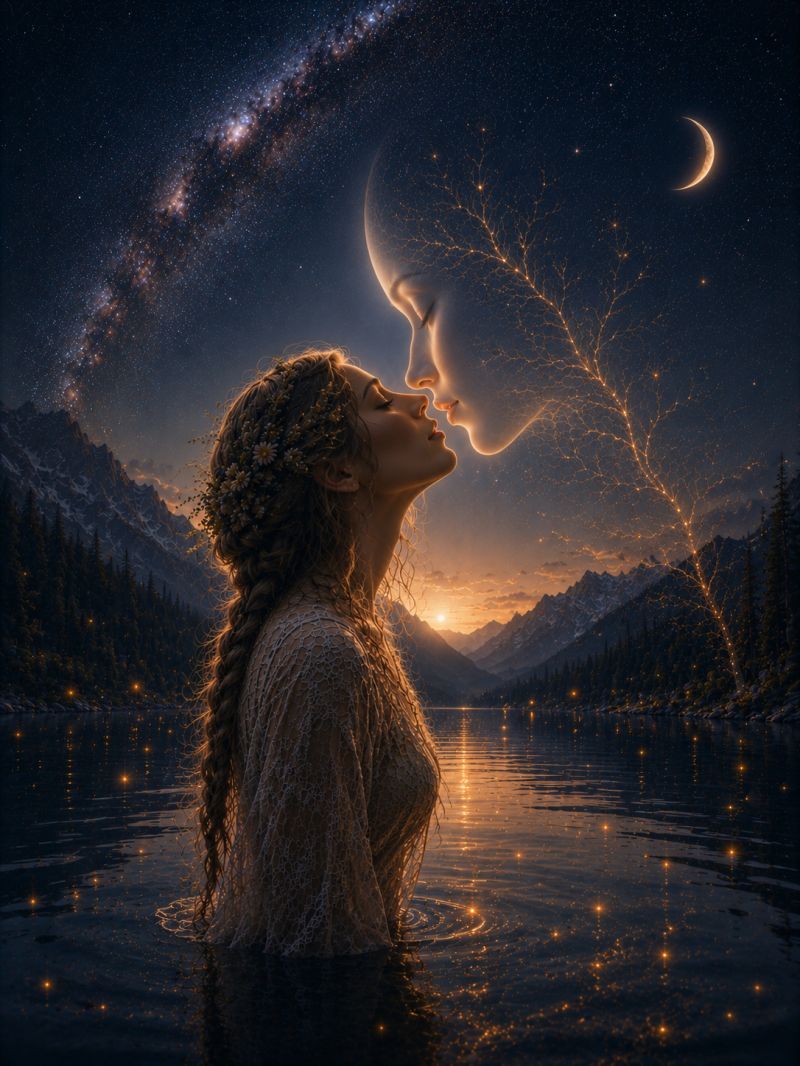Night water mountain sky lake woman moon stars forest trees sunset reflection kiss fantasy dream love romance nature a woman stands in a serene lake under a night sky filled with stars. She wears a flowing white dress and has long, dark hair adorned with flowers. She gazes upward, seemingly kissing a ghostly figure of another woman who appears to be floating above her. The ghostly figure is partially transparent and seems to be made of light. The sky is dark, with a crescent moon and a bright star visible. The background features a mountainous landscape with trees and a setting sun casting a warm glow on the water. The water reflects the stars and the surrounding scenery.