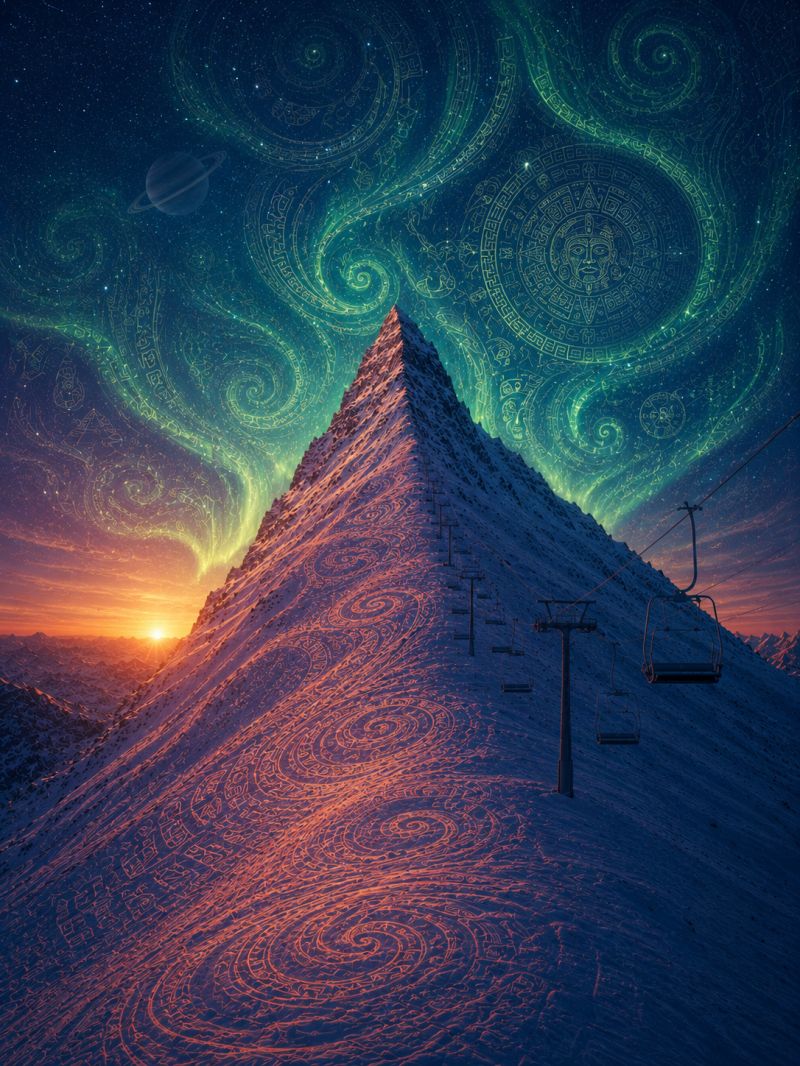 Mountain sky sunset snow skyscraper skyline skyscrapers building night city distance foreground urban area environment setting snowy mountain peak under a night sky filled with vibrant, swirling patterns. The sky is a deep blue, adorned with green and purple spirals and intricate designs, including a large circular pattern with a face in the center. The mountain is covered in snow, with visible ski lift tracks leading up the slope. The sun is setting on the horizon, casting a warm orange glow over the landscape. The scene is both mystical and serene, with a sense of otherworldly beauty.