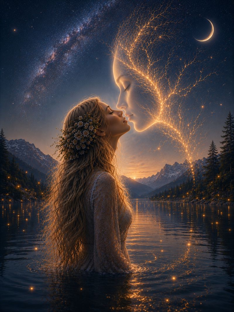 Femme eau lac nuit montagne ciel etoiles lune reflet fantaisie beaute reve amour nature arbres fleurs cheveux Une femme aux longs cheveux blonds ondulant se tient jusqu'à la taille dans un lac serein sous un ciel nocturne. Elle porte une robe blanche fluide et a une couronne de fleurs dans ses cheveux. Elle regarde vers le haut, apparemment dans un moment de profonde contemplation ou de connexion. Au-dessus d'elle, une structure arborescente éclatante et éthérée avec des branches qui ressemblent à des arcs de foudre se dirige vers elle, créant une atmosphère mystique et magique. Le ciel est rempli d'étoiles, et un croissant de lune flotte gracieusement au loin. Le lac reflète les étoiles et les montagnes environnantes, qui sont en silhouette contre le ciel du crépuscule. La scène est paisible et remplie d'un sentiment de merveille et d'enchantement.