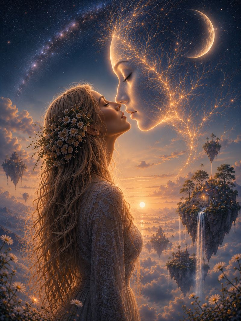 Fantaisie femme baiser nuit ciel lune etoiles nuages fleurs cheveux robe cascade chateau arbres montagnes coucher soleil Une femme aux longs cheveux blonds ondulés ornés de fleurs blanches se tient dans un paysage onirique et éthéré. Elle porte une robe blanche délicate et fluide et regarde vers le haut, ses lèvres touchant doucement la joue d'un visage translucide et lumineux qui semble fait de lumière. Ce visage est entouré d'un réseau de lignes ramifiées et lumineuses qui ressemblent à un réseau neuronal ou à un arbre. Le ciel est d'un bleu profond, parsemé d'étoiles et d'un croissant de lune, avec une touche de soleil couchant répandant une lueur chaude. En dessous, des îles flottantes avec des arbres et de petites structures sont visibles, et une cascade tombe d'une de ces îles dans les nuages en contrebas. La scène globale est surréaliste et remplie d'un sentiment d'émerveillement et de connexion.