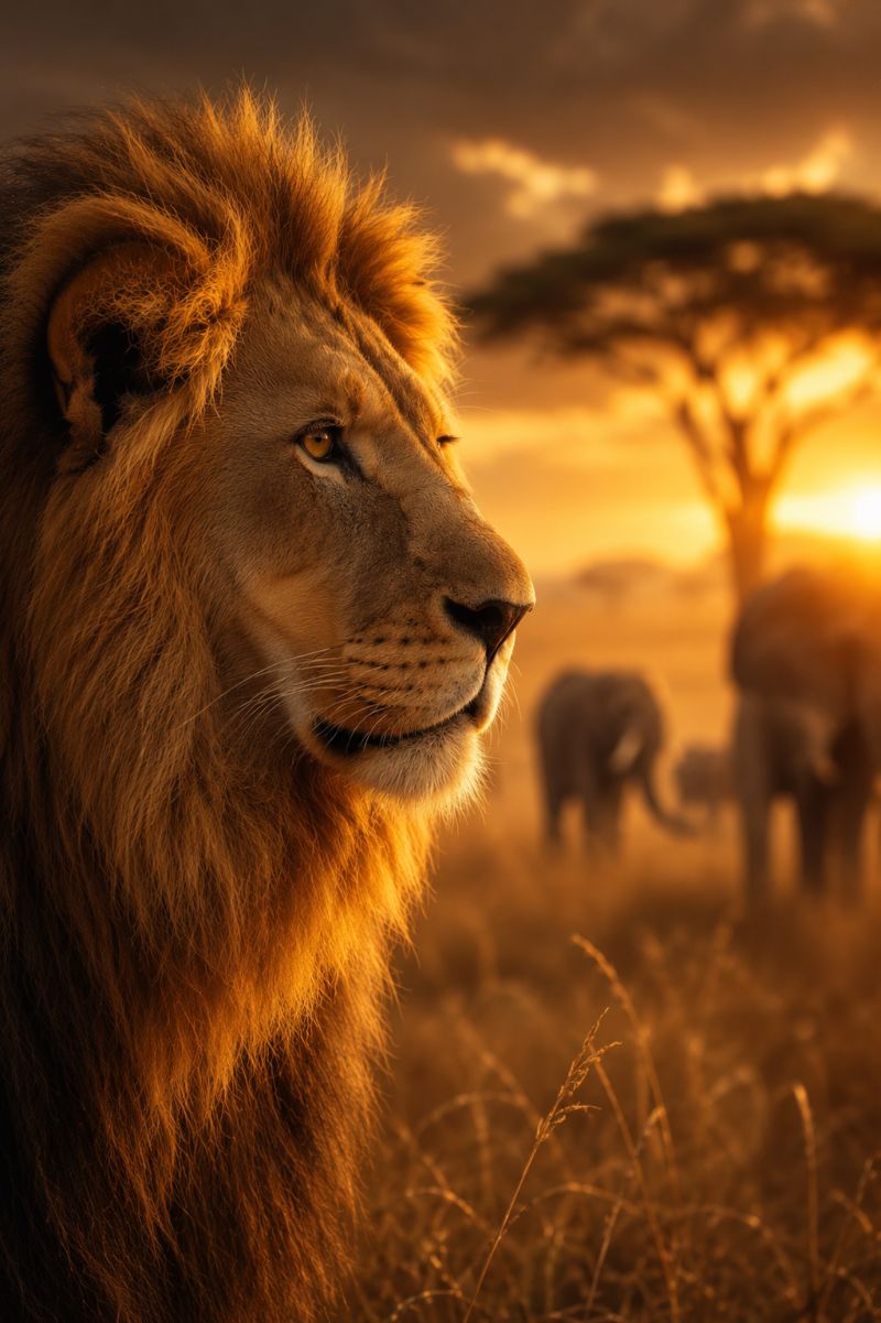 Lion wildlife safari nature sunset animal mammal savannah conservation sanctuary reserve habitat protection management rehabilitation education awaren A close-up of a majestic lion with a thick, golden mane stands in the foreground, its face illuminated by the warm, golden light of the setting sun. The lion's eyes, sharp and alert, reflect the golden hue, and its expression is calm and regal. In the background, the silhouette of a tall, slender acacia tree stands against the vibrant sky, which is a mix of orange and pink hues. Further back, two elephants are visible, one larger and the other smaller, moving through the golden grass. The scene is set in a vast, open savannah, with the sun casting long shadows and a sense of tranquility.