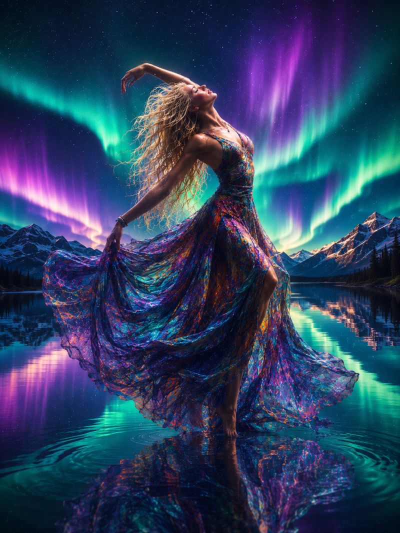 Woman dress lake mountains night reflection sky stars water beauty colorful dancing elegant fantasy glow magic aurora borealis A woman stands barefoot on the surface of a calm lake, her dress flowing around her as if caught in a gentle breeze. Her dress is a vibrant mix of colors, including shades of purple, blue, and green, reflecting the colors of the aurora borealis above. She looks up towards the sky, her arms raised, and her hair flowing freely. The sky is filled with the ethereal glow of the northern lights, casting a magical light over the scene. In the background, a silhouette of mountains is visible, with the aurora borealis dancing across the sky above them. The reflection of the lights and the woman's dress can be seen shimmering on the surface of the lake.