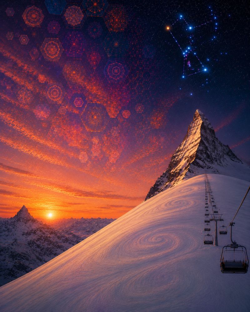 Montagne ciel coucher soleil neige ligne horizon gratte puits parachutisme Paysage alpin époustouflant au coucher du soleil. Au premier plan, un télésiège est visible, avec plusieurs sièges de ski suspendus au câble. Le télésiège est situé sur une pente de montagne enneigée, qui descend doucement. Le ciel est d'un gradient profond d'orange et de rose, indiquant le soleil couchant. Au-dessus de la montagne, un sommet proéminent se dresse, sa silhouette nette contre le ciel coloré. Le ciel est orné d'une constellation d'étoiles, ajoutant une touche céleste à la scène. L'arrière-plan présente une série de petites montagnes, toutes saupoudrées de neige. L'atmosphère générale est sereine et pittoresque, capturant la beauté d'une soirée d'hiver dans les montagnes.