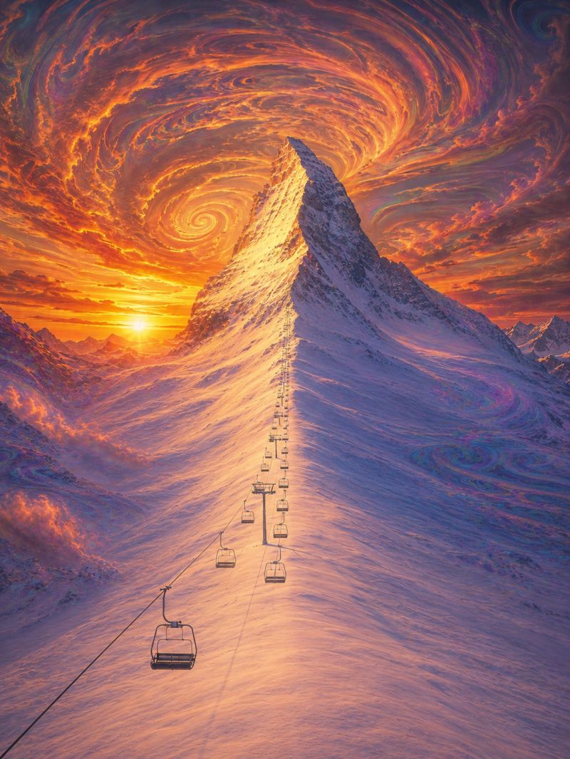 Montagne ciel coucher soleil neige ligne horizon gratte ciels batiment nuit ville distance premier urbain moderne pendant jour Scène dramatique et surréaliste d'un sommet de montagne, peut-être le Matterhorn, avec un ciel de coucher de soleil vibrant. Le ciel est rempli de motifs tourbillonnants et colorés qui ressemblent à un tourbillon cosmique, mélangeant des nuances d'orange, de violet et de bleu. La montagne est couverte de neige, et un télésiège avec plusieurs chaises est visible, montant sur la pente raide. Le soleil se couche à l'horizon, projetant une lueur chaude sur le paysage enneigé. L'atmosphère générale est mystique et irréelle, avec le sommet de la montagne apparaissant comme le centre d'un événement cosmique.