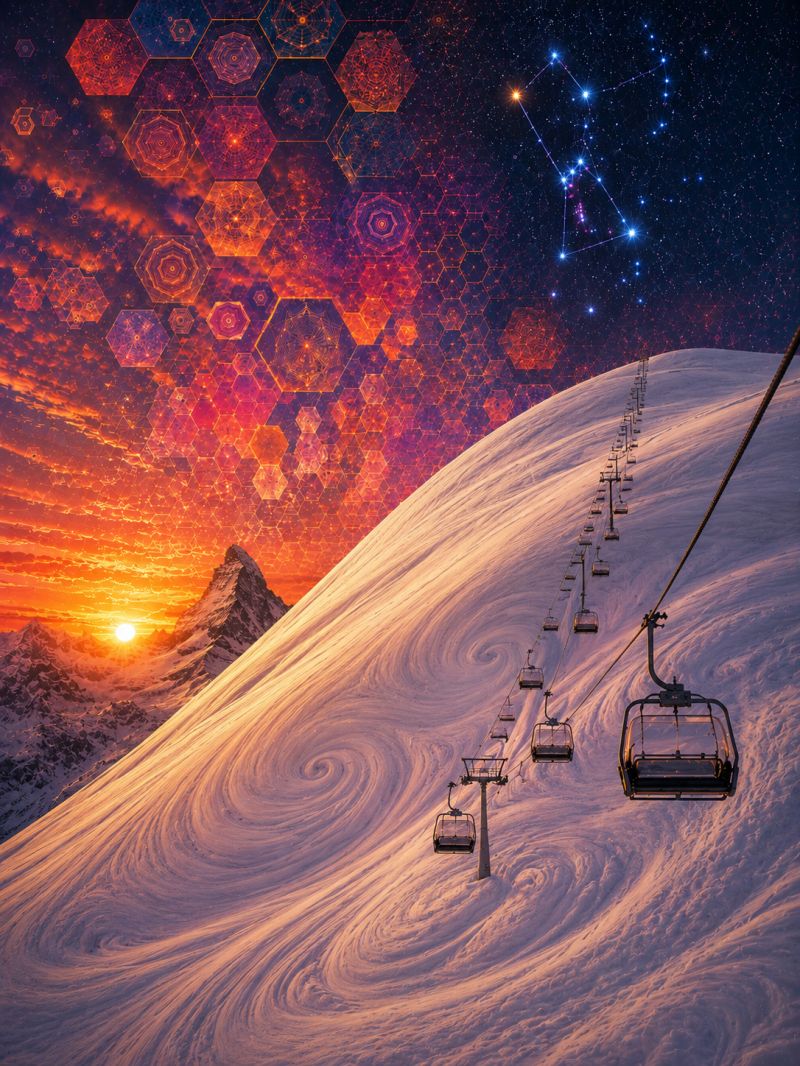 Coucher soleil montagne ciel ligne horizon gratte ciels batiment nuit ville urbain zone Télésiège sur une pente de montagne enneigée sous un ciel de coucher de soleil vibrant. Le ciel est un mélange d'oranges profonds, de violets et de bleus, avec un soleil brillant se couchant à l'horizon, projetant une lueur chaude sur la neige. La chaîne de montagnes en arrière-plan est nette et claire, avec un sommet qui se démarque contre le ciel. Le télésiège est une série de chaises connectées suspendues à un câble, se déplaçant sur la pente. La neige sur la montagne est épaisse et immaculée, avec des traces visibles de skis et de planches à neige. Le premier plan présente une série de motifs tourbillonnants dans la neige, possiblement dus au vent ou aux skis. Le ciel au-dessus est rempli d'étoiles, et il y a des formes géométriques et des motifs qui semblent flotter dans le ciel, ajoutant une touche surréaliste et artistique à la scène.