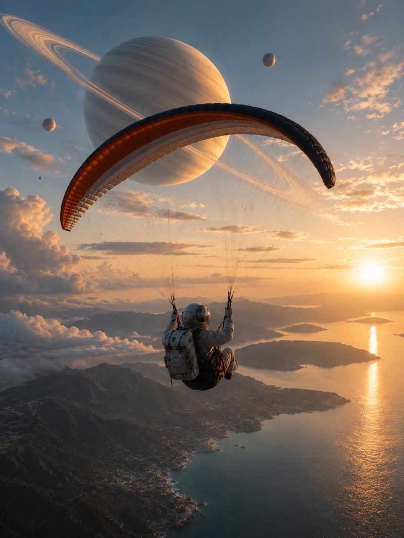 Paragliding sky sunset planet space atmosphere clouds mountains ocean sea adventure exploration astronomy cosmic helicopter skydiving parachute outer A person is paragliding in the sky with a parachute. The parachute is orange and black. The person is wearing a helmet and a backpack. The sun is setting in the distance, casting a warm glow on the clouds and the sea below. In the background, there is a large planet with rings, possibly Saturn, and several moons orbiting it. The sea is calm, and there are mountains and a small town visible in the distance.