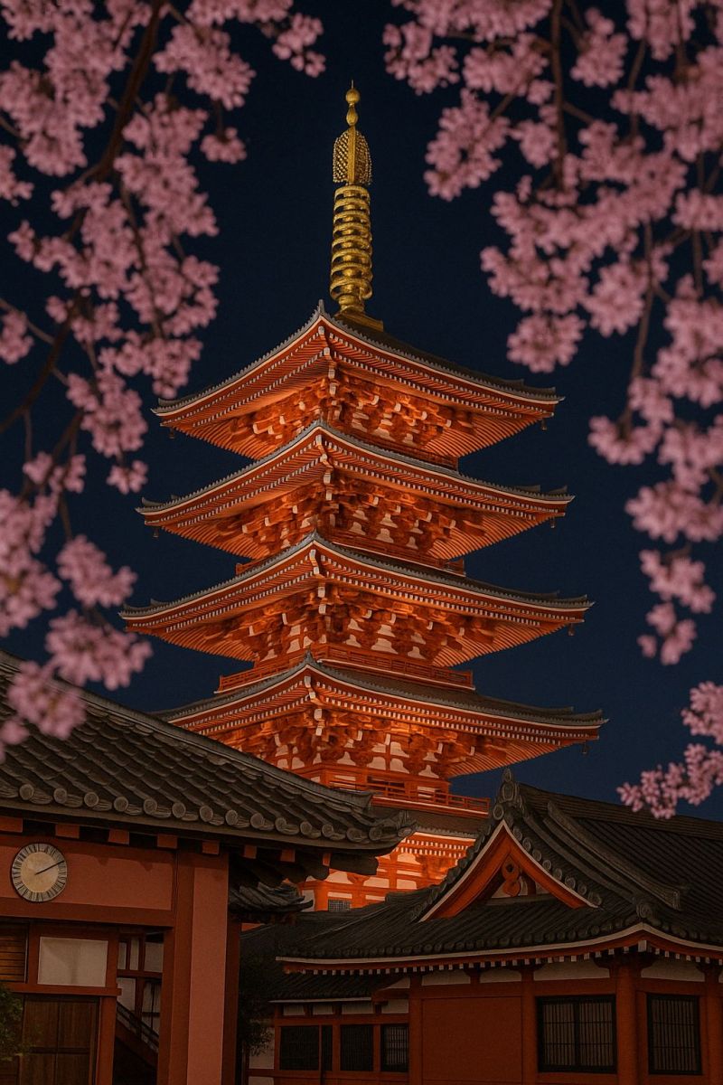 Temple pagoda architecture building night sky structure tower roof spire spires spired tall, multi-tiered pagoda at night, illuminated by soft lighting. The pagoda has a golden roof and is surrounded by cherry blossom trees with pink flowers. The pagoda is located in a temple complex, with a building in the foreground featuring a clock and a wooden door. The sky is dark, and the pagoda is the main focus of the image.