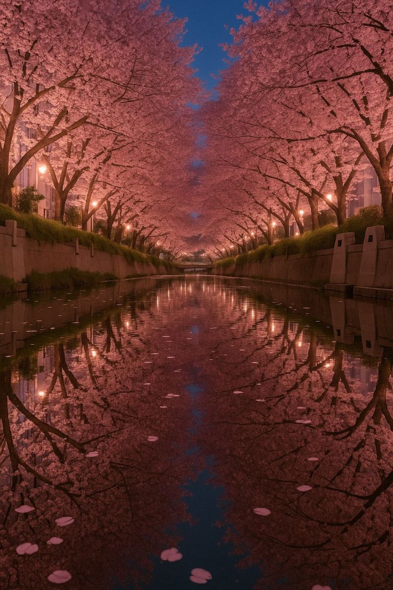 Trees reflection water night bridge buildings grass wall plants sky nighttime nature outdoors beauty cherry blossoms pink flowers street flower petals A serene scene of cherry blossoms in full bloom, with trees lining both sides of a calm river. The trees are adorned with delicate pink flowers, creating a canopy that reflects beautifully on the water's surface. The reflection of the trees and blossoms is mirrored on the water, adding to the tranquil atmosphere. The sky above is a deep blue, hinting at the evening or night, with a few streetlights illuminating the path along the riverbank. The water is still, with gentle ripples, and there are small, floating cherry blossom petals adding to the picturesque view.
