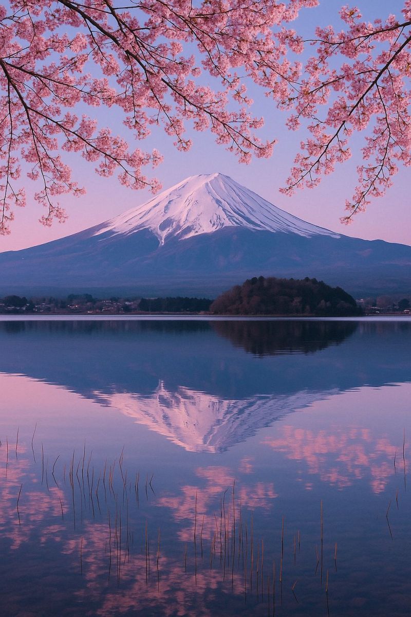 Mountain lake reflection sky trees nature sunset water pink beauty scenery outdoors travel japan fuji kawaguchiko cherry blossoms mount A serene landscape features a majestic snow-capped mountain reflecting on a calm lake. The mountain is surrounded by lush, pink cherry blossoms in full bloom, their branches arching gracefully over the water. The sky above is a soft gradient of pink and blue, hinting at either dawn or dusk. The lake's surface mirrors the mountain and blossoms, creating a symmetrical and peaceful scene. In the distance, a small island with greenery adds to the tranquil setting.