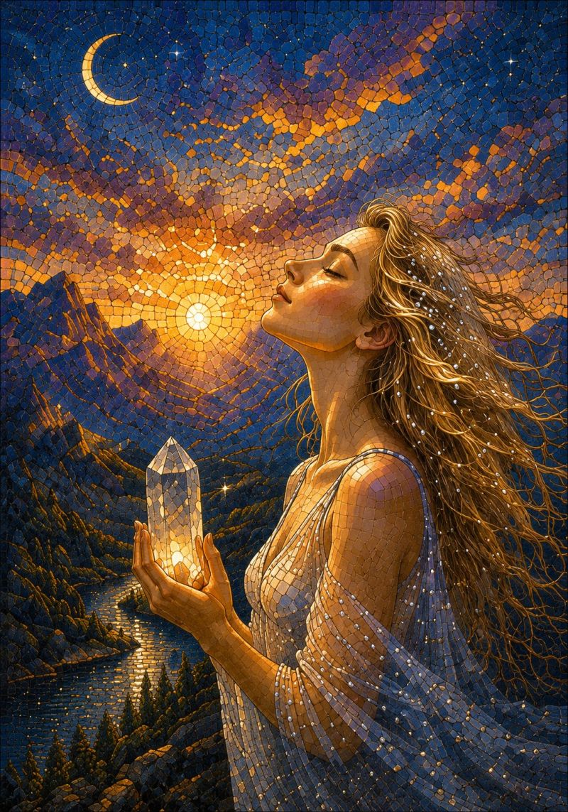 Woman crystal night sky sunset mountain water moon stars painting fantasy mosaic beauty nature meditation inspiration dream a woman stands in a serene landscape, her long hair flowing freely. She holds a crystal in her hands, which glows softly. She wears a dress made of small, intricately placed tiles, reflecting light. The sky above is a mosaic of blues and oranges, with a crescent moon and stars. Mountains and a river are visible in the background, with the sun setting behind them, casting a warm glow.
