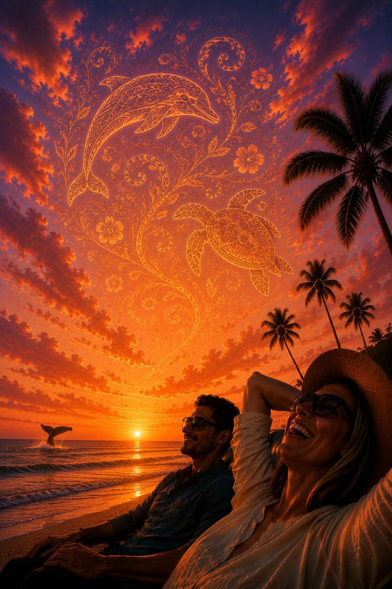 Array Sur une plage au coucher du soleil, un homme et une femme sont assis sur le sable, souriant et profitant de la vue. L'homme porte des lunettes et une chemise bleue, tandis que la femme porte un chapeau et des lunettes de soleil. Derrière eux, il y a une silhouette d'une baleine dans l'océan. Le ciel est peint d'un magnifique coucher de soleil, présentant une teinte dorée et une silhouette d'une tortue et d'un dauphin. Les silhouettes sont conçues de manière complexe avec des motifs floraux. En arrière-plan, il y a des palmiers et une silhouette d'une plage.