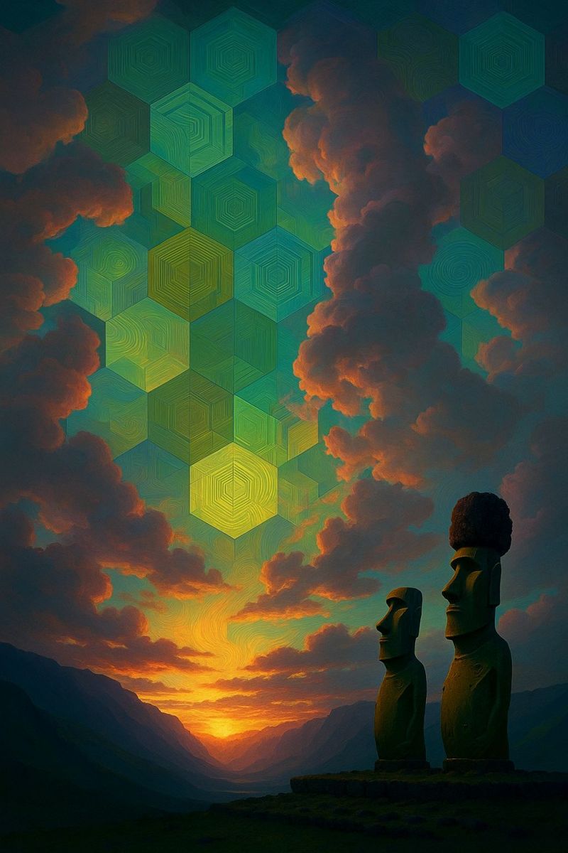 Statue sculpture stone ancient architecture culture history mountain sky cloud sunset pattern geometric design colorful texture In the foreground, two large stone statues with flat faces and wide shoulders stand on a platform. The statues are facing each other, with one looking to the left and the other to the right. Behind them, a mountainous landscape stretches into the distance, with a valley between the mountains. The sky is a mix of orange and blue hues, with a sunset or sunrise casting a warm glow over the scene. Above the statues, a hexagonal pattern of green and yellow colors covers the sky, creating a surreal and dreamlike atmosphere.