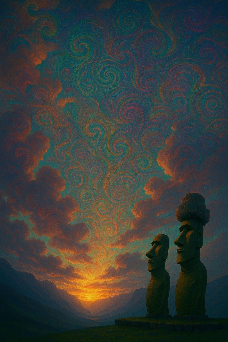 Statue sculpture stone ancient civilization culture history people stonework In the foreground, two large stone statues of the iconic Moai from Easter Island stand side by side on a grassy platform. The statues have flat faces and are carved with simple, geometric patterns. Behind them, the sky is a vibrant mix of orange, pink, and blue hues, suggesting either a sunset or sunrise. The sky is filled with swirling, abstract patterns that resemble clouds or smoke, adding a surreal touch to the scene. In the background, mountains are faintly visible, their outlines softened by the atmospheric perspective. The overall mood of the image is serene and otherworldly, with the statues and sky creating a striking contrast.